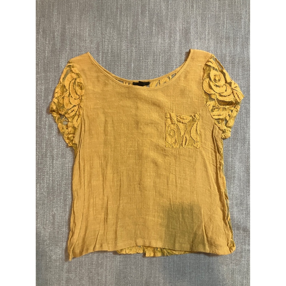 Edge Mustard Yellow Lace Back Short Sleeve Gauze Top Button Down Back Large